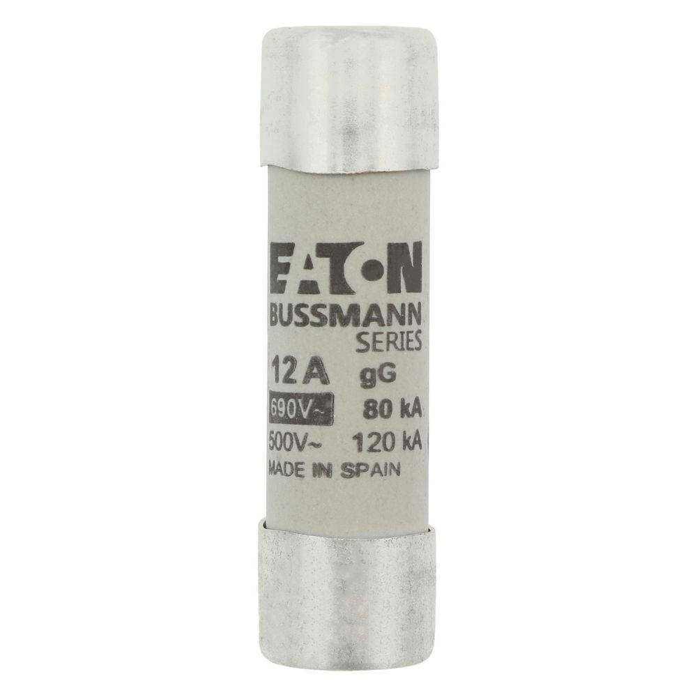 Ein Bussmann-Sicherung mit einer Nennstromstärke von 12 A, 690 V, 80 kA aus der Eaton-Serie, gekennzeichnet mit 'Made in Spain'.