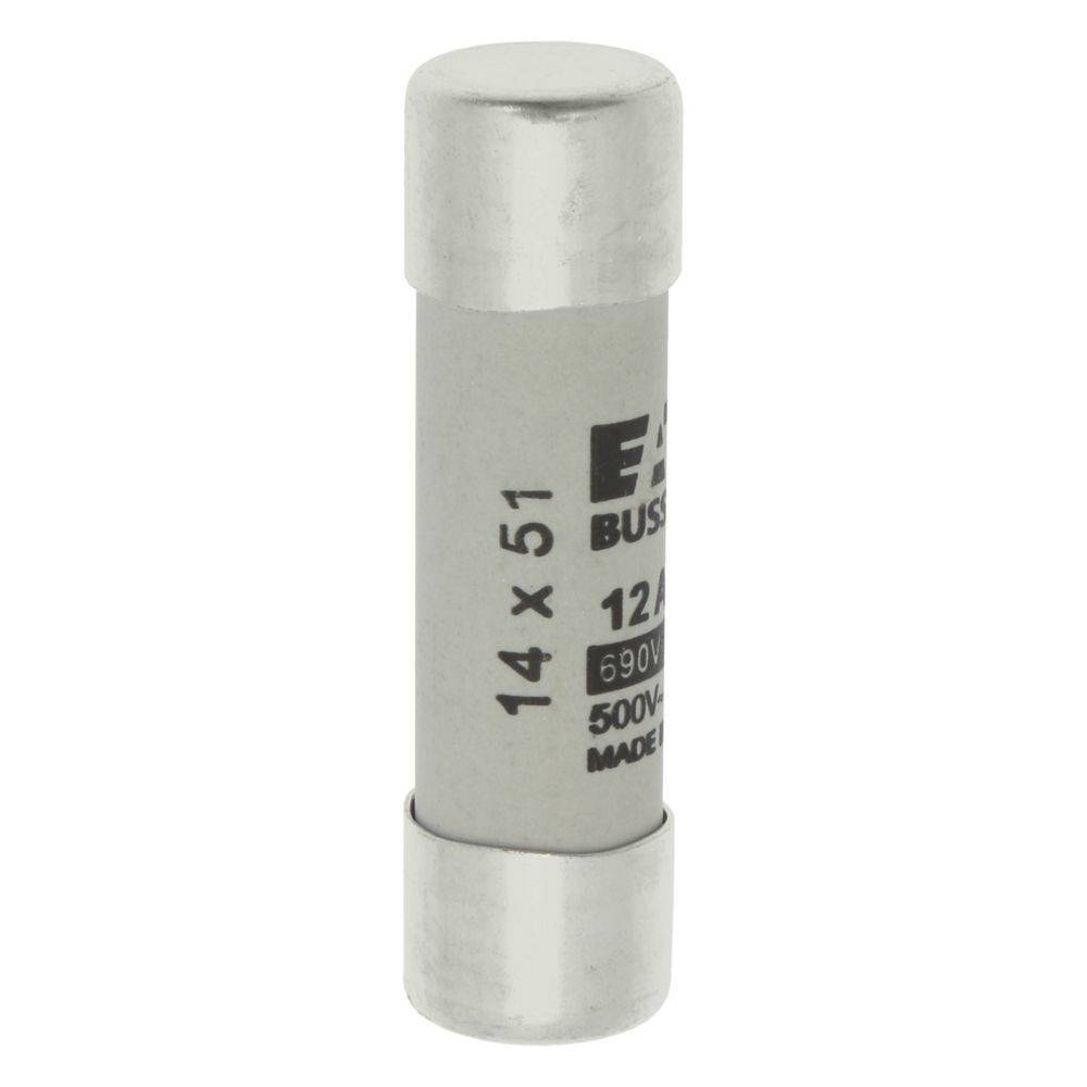 Eine Zylindersicherung mit Metallenden, beschriftet mit '14 x 51', '12A', '690V' und '500V', die zum Schutz elektrischer Stromkreise verwendet wird.