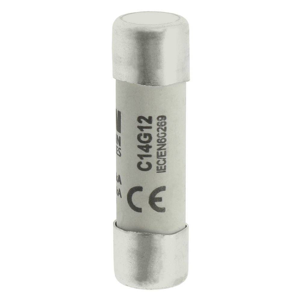 Eine zylindrische Keramik-Sicherung, gekennzeichnet mit 'C14G12 IEC 60269', verwendet für elektrische Sicherheit, mit 'CE' für Konformität gekennzeichnet.