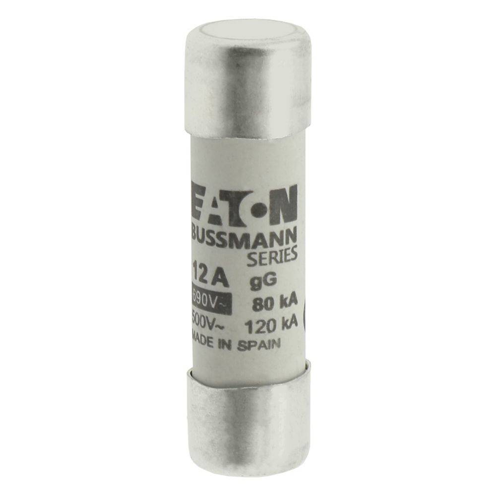 Eine zylindrische Sicherung mit der Bezeichnung 'Eaton Bussmann Series' mit folgenden Spezifikationen: 12A, gG, 690V~, 80kA, 500V~, 120kA, hergestellt in Spanien.