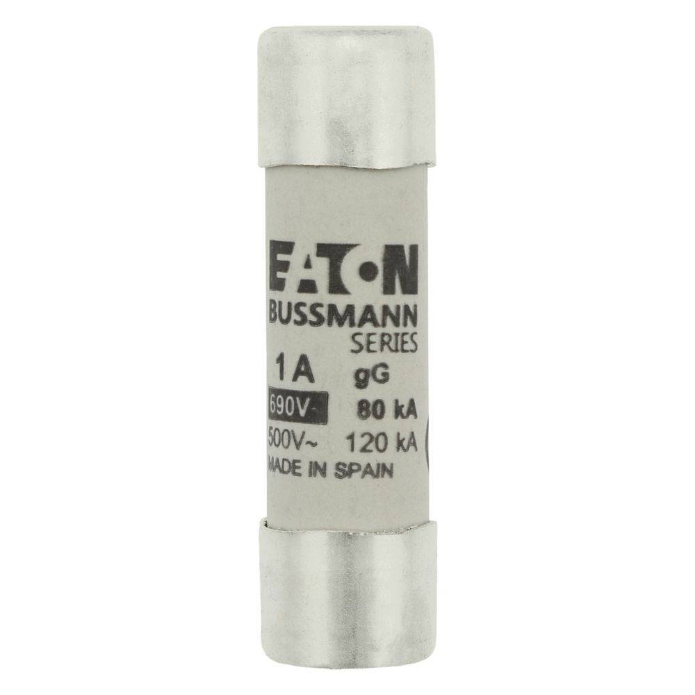 Elektrische Sicherung mit der Bezeichnung 'Eaton Bussmann Series', bemessen mit 1A, 690V, 80kA, 500V, 120kA, hergestellt in Spanien, mit silbernen Metalleinsätzen.