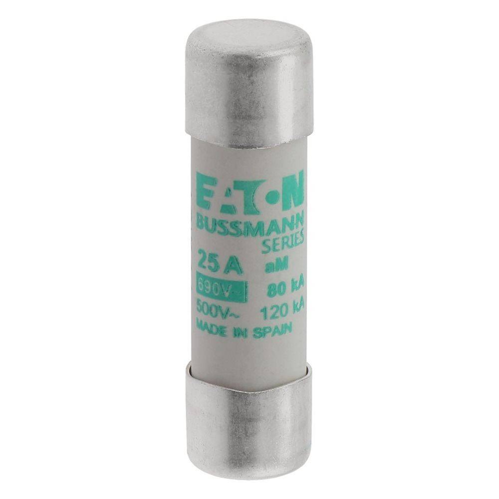 Eine zylindrische Eaton Bussmann-Sicherung mit einer Nennstromstärke von 25A und 690V, versehen mit technischen Spezifikationen und dem Aufdruck 'Made in Spain'.