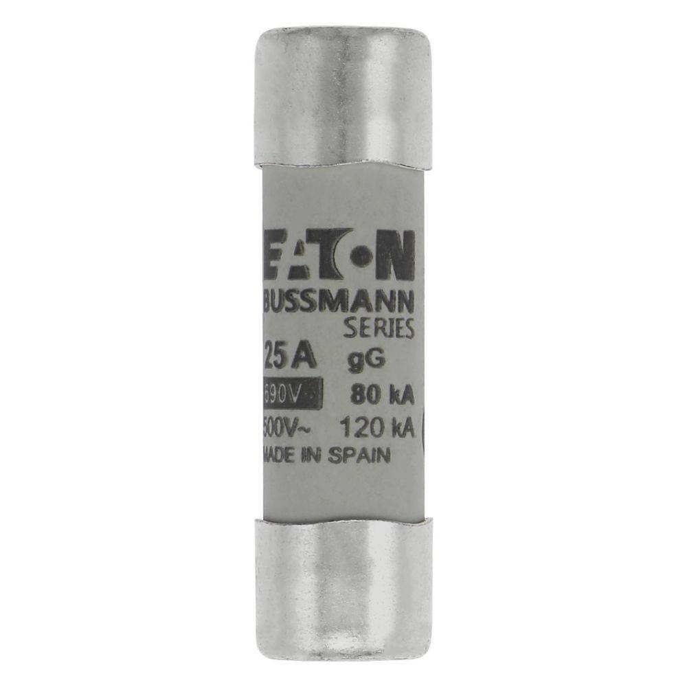 Ein zylindrischer Sicherungseinsatz aus der Eaton Bussmann-Reihe, gekennzeichnet mit 25A, 690V, 80kA. Hergestellt in Spanien.