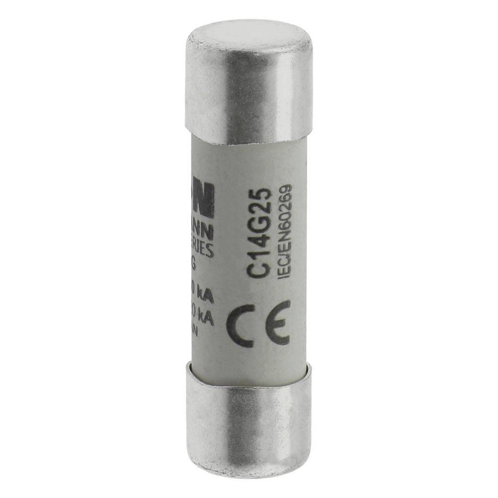 Eine zylindrische elektrische Sicherung mit metallischen Enden und einem weißen Körper, beschriftet mit 'C14G25' und 'CE', die zum Schutz von elektrischen Stromkreisen verwendet wird.