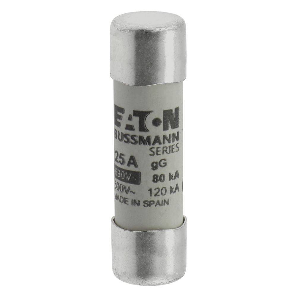 Eine zylindrische elektrische Sicherung der Marke 'Eaton Bussmann Series', mit einer Nennstärke von 25A, 500V, mit Metallkappen, hergestellt in Spanien.