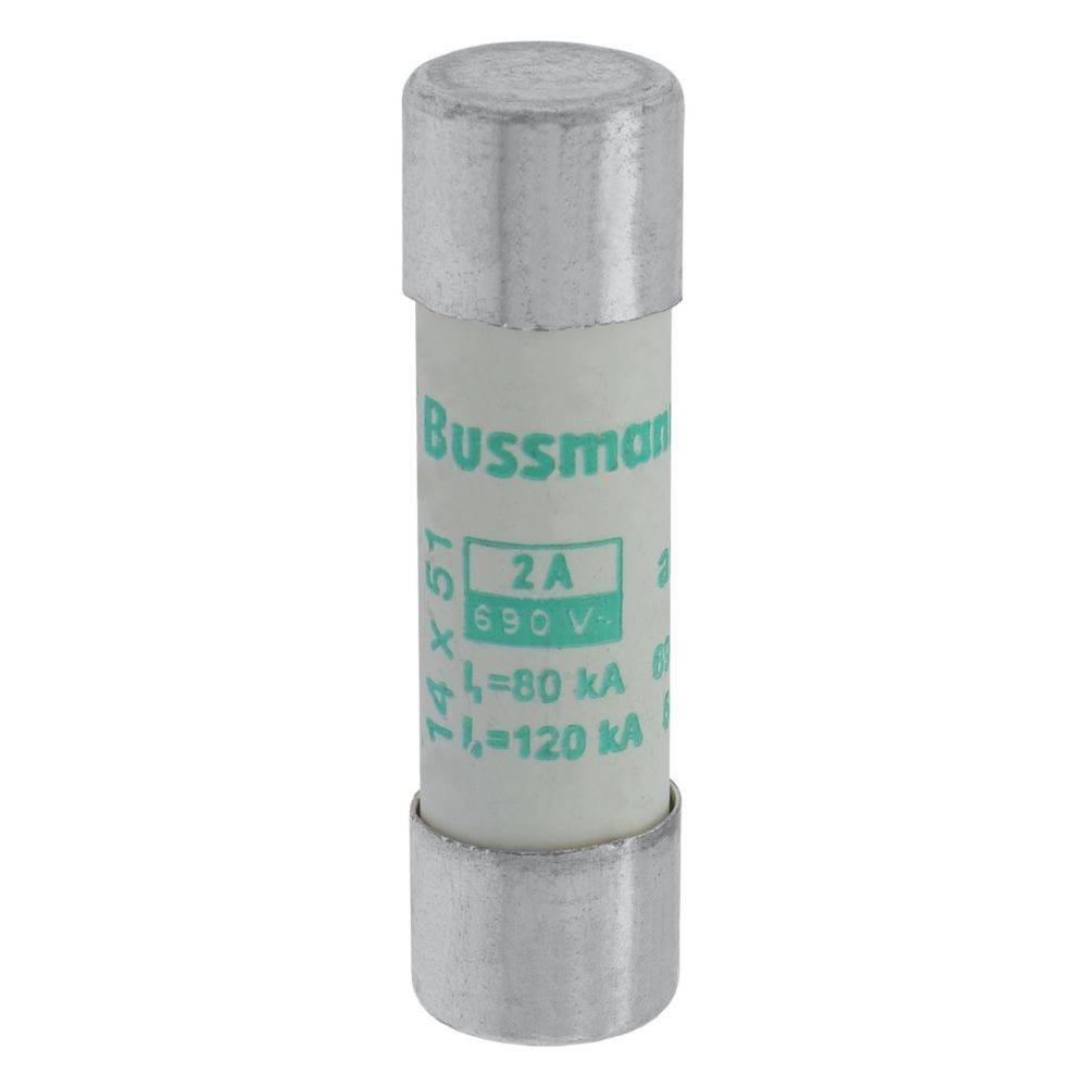 Eine zylindrische elektrische Sicherung, mit der Bezeichnung 'Bussmann', mit den Spezifikationen '2A, 690V, I1=80kA, I2=120kA', und Metallkappen an beiden Enden.