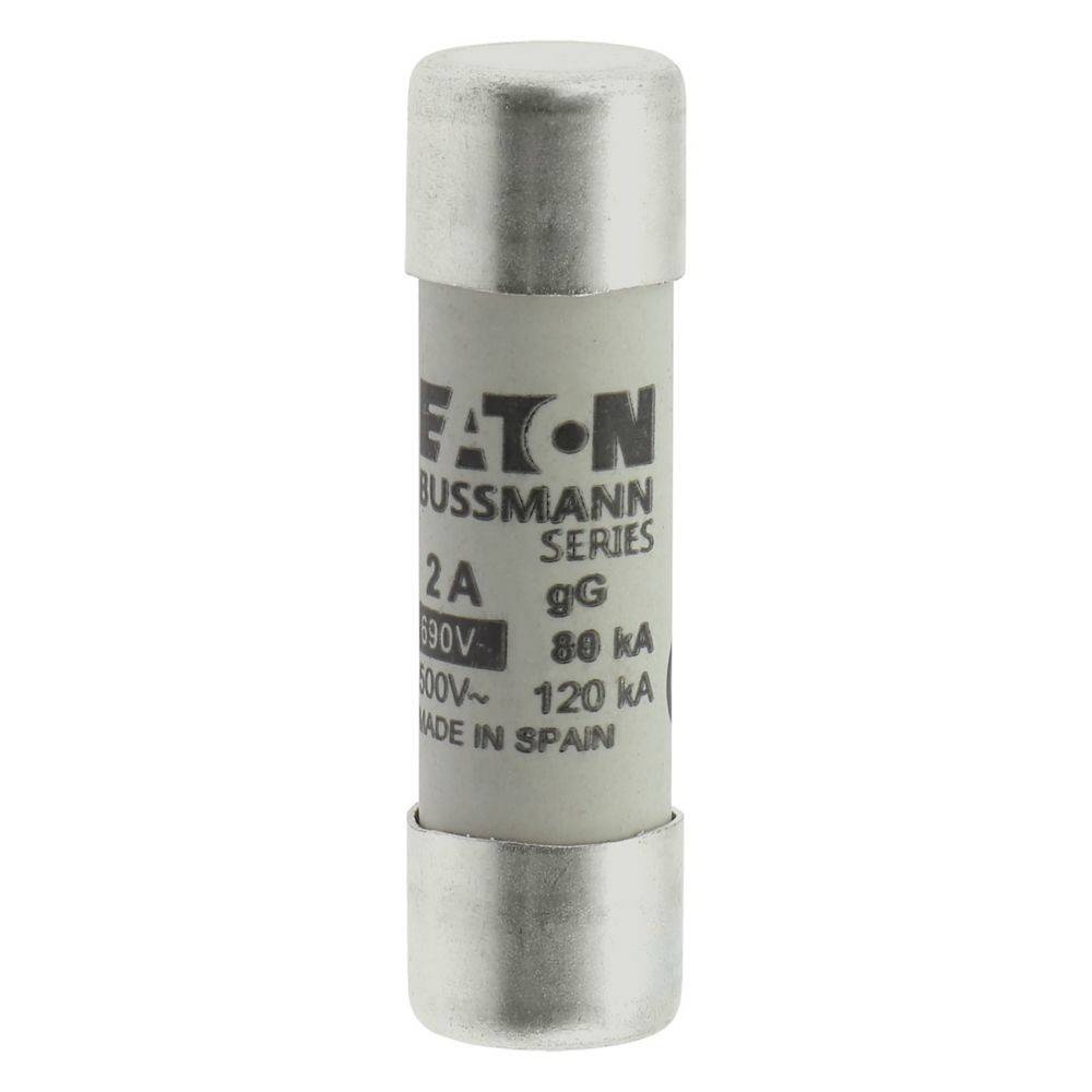 Eine Zylindersicherung mit der Beschriftung 'Eaton Bussmann Series' hat die Spezifikationen '2A, 500V, 80kA, 120kA' und den Aufdruck 'Made in Spain'.