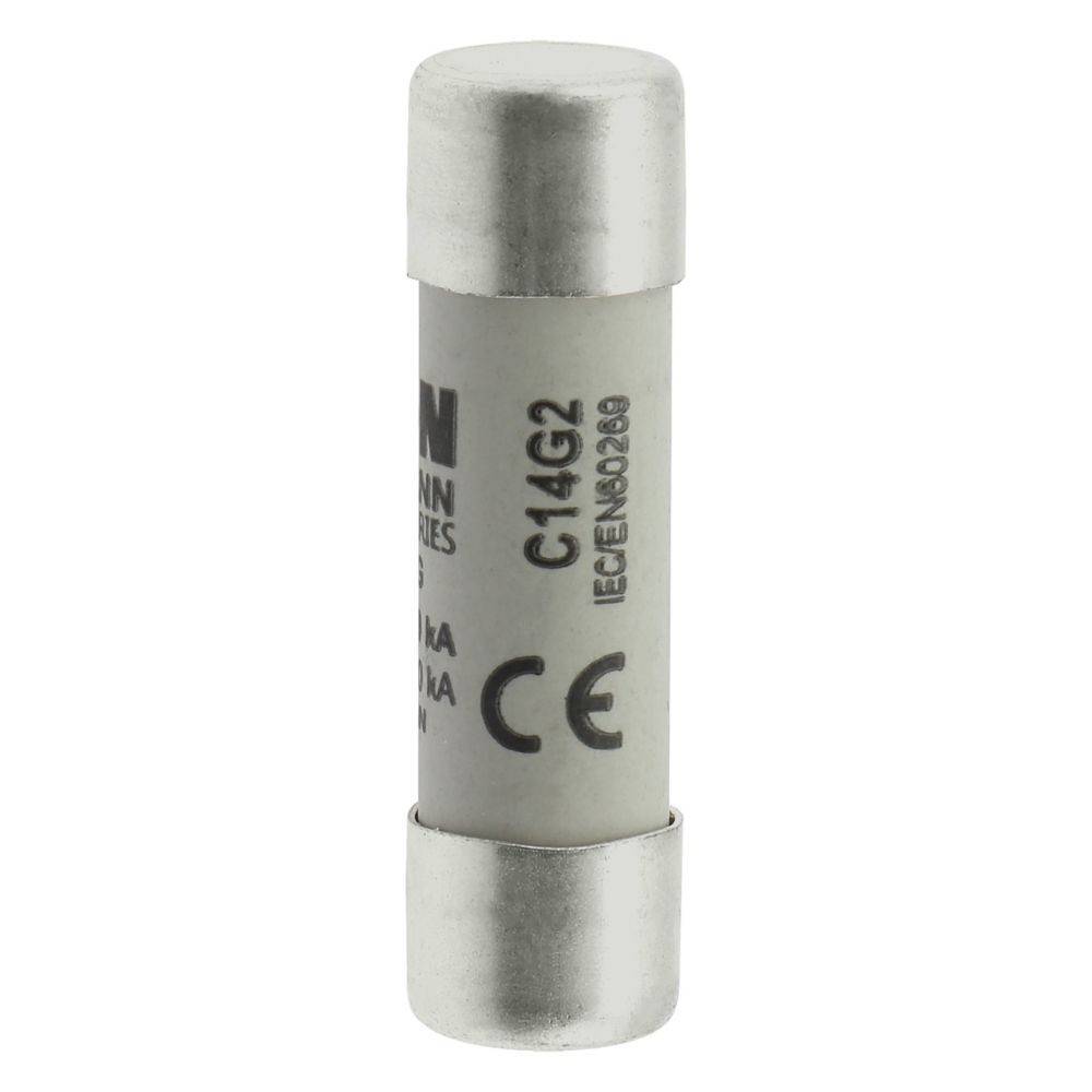 Eine zylindrische elektrische Sicherung mit metallischen Enden, beschriftet mit 'C14G2' und 'CE'. Verwendet zum Schutz elektrischer Schaltkreise.
