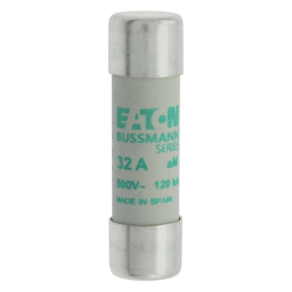 Eine zylindrische elektrische Sicherung mit Metallenden, beschriftet mit 'Eaton Bussmann Series, 32A, 500V-120kA, Hergestellt in Spanien'.