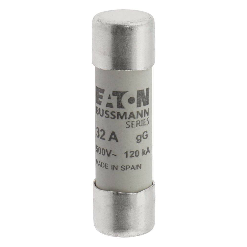 Ein zylindrischer Bussmann-Sicherungseinsatz, bemessen mit 32A, 500V, 120kA, hergestellt von Eaton in Spanien, mit Metallkappen an beiden Enden.