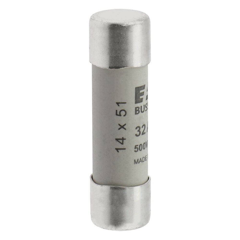 Eine Zylindersicherung mit der Markierung '14 x 51', '32A' und '500V' mit metallischen Enden und einem Etikett, das Marke und Spezifikationen anzeigt.