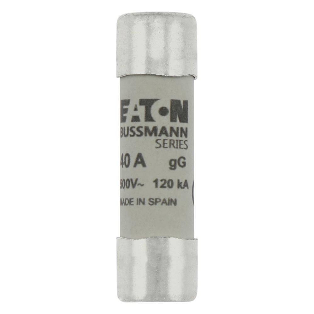 Eine zylindrische elektrische Sicherung der Marke 'Eaton Bussmann Series', bemessen mit 40 A, 500 V, 120 kA, hergestellt in Spanien.