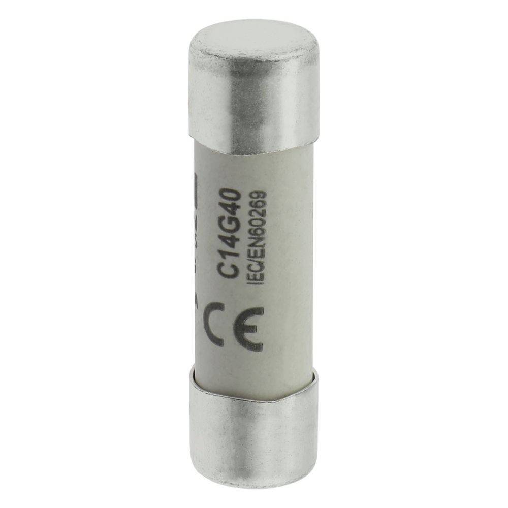 Eine Glasrohrschmelzsicherung mit Metallkappen an beiden Enden, versehen mit den Markierungen 'C14G40' und 'IEC/EN60269', die zum Schutz elektrischer Stromkreise verwendet wird.