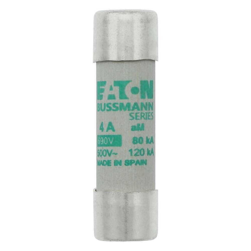 Ein grau-silberner zylinderförmiger Sicherungseinsatz mit der Beschriftung „Eaton Bussmann Series 4A 690V, 500V, 80kA, 120kA, hergestellt in Spanien.