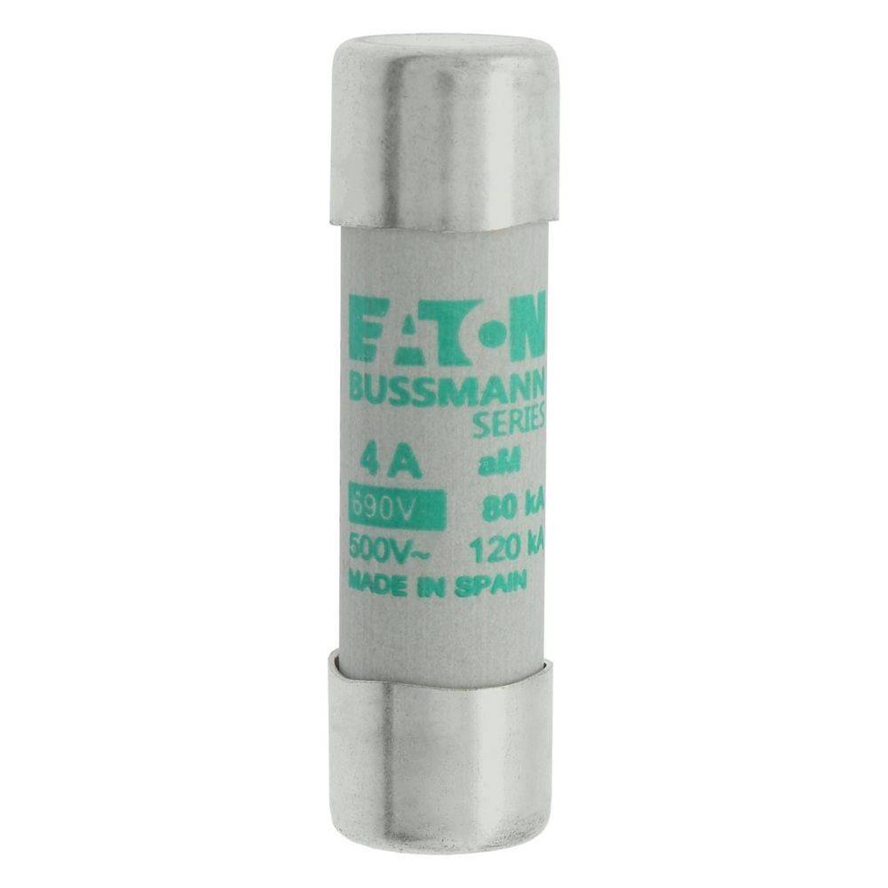 Eine Zylindersicherung mit der Beschriftung 'EATON Bussmann Series' mit folgenden Spezifikationen: 4A, 690V, Hergestellt in Spanien.