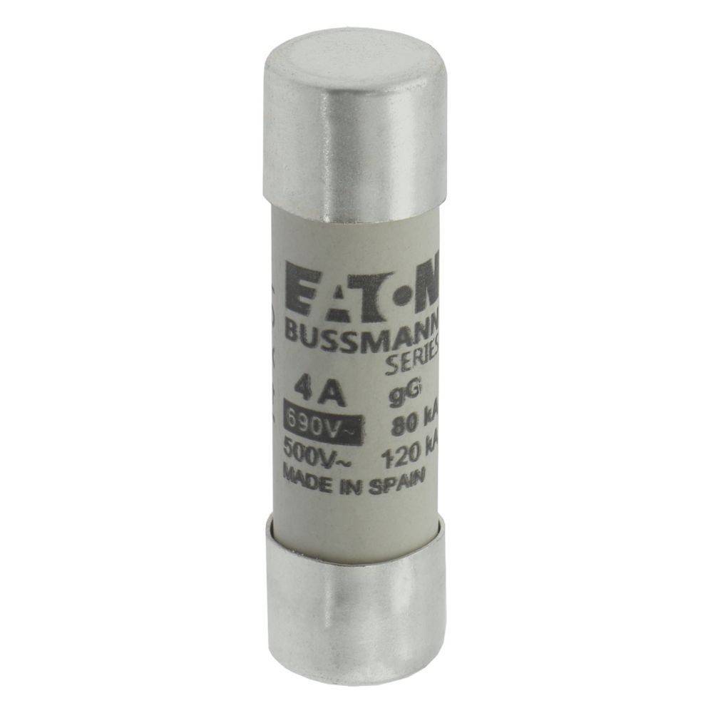 Eine zylindrische Sicherung mit der Bezeichnung 'Eaton Bussmann Series 4A', ausgelegt für 690V, 500V~, 80kA. Hergestellt in Spanien. Geeignet für elektrischen Schutz.