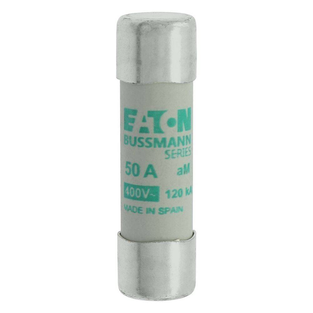 Sicherung mit der Bezeichnung 'Eaton Bussmann Series', 50A, 400V, 120kA, in Spanien hergestellt, mit weißem Gehäuse und Metallkappen, typischerweise zur elektrischen Absicherung verwendet.