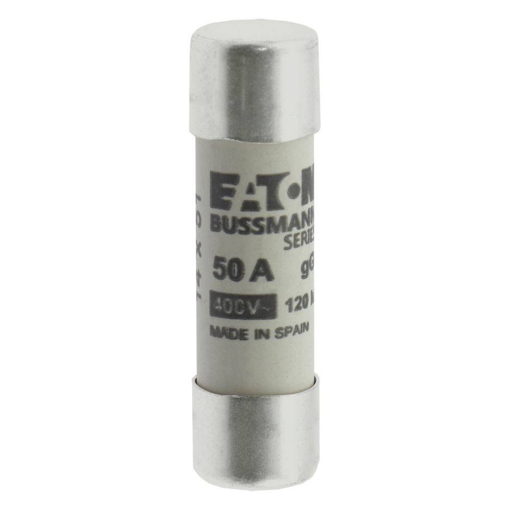 Eaton Bussmann Serie 50A, 400V Sicherung, zylindrische Form, mit Spezifikationen gekennzeichnet. Verwendet für elektrischen Leitungsschutz.