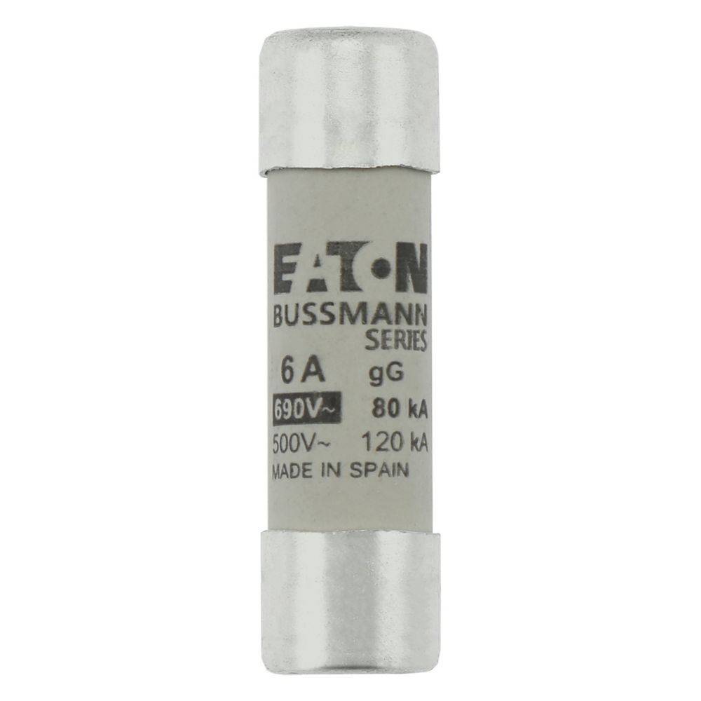 Zylinderförmige elektronische Sicherung mit der Bezeichnung 'Eaton Bussmann Series', Nennstrom 6A, 690V, 80kA, hergestellt in Spanien.
