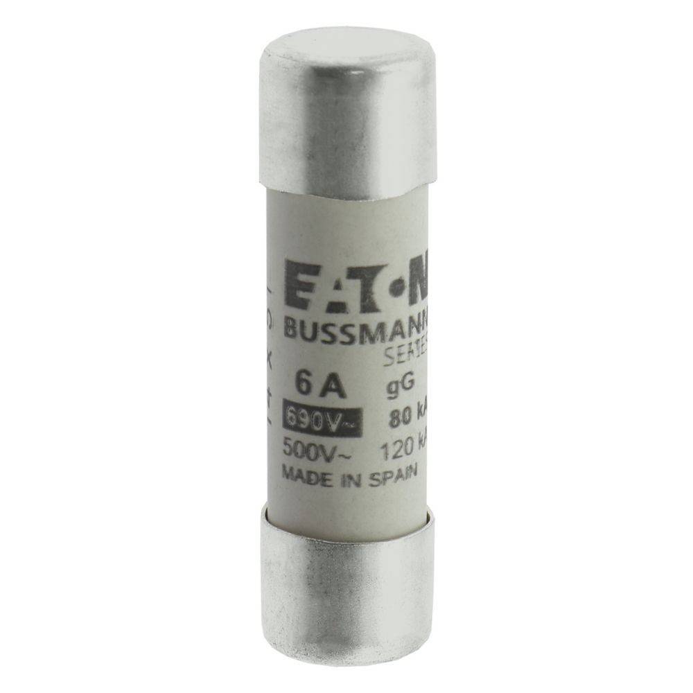 Eine Zylindersicherung mit Metallenden, beschriftet mit 'EATON BUSSMANN', '6A', '500V', '690V' und 'MADE IN SPAIN'.