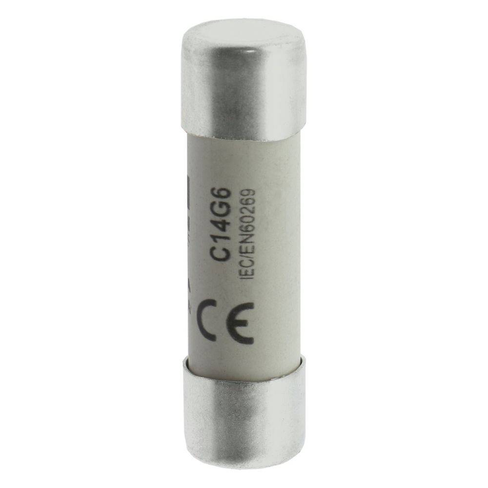 Eine kleine zylindrische elektrische Sicherung mit der Bezeichnung 'C14G6 IEC/EN60269' und Metallkappen an beiden Enden, die zum Schutz von elektrischen Schaltkreisen verwendet wird.