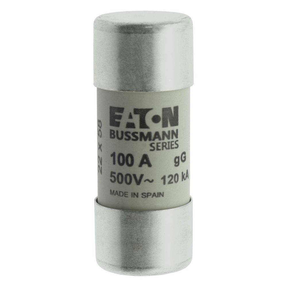 Ein zylindrischer Sicherungseinsatz der Marke 'Eaton Bussmann Series', ausgelegt mit 100 A und 500 V, mit einer Ausschaltkapazität von 120 kA, hergestellt in Spanien.