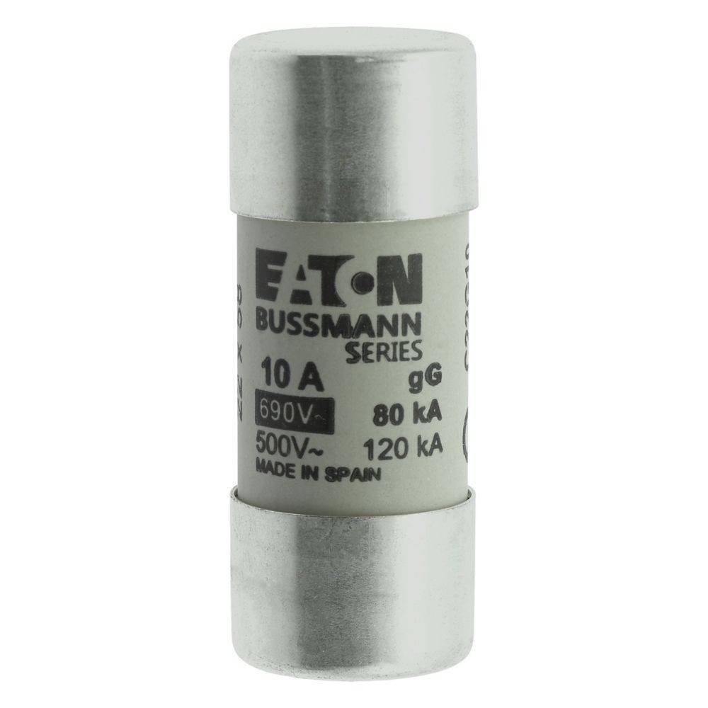 Eine zylindrische Eaton Bussmann Series Sicherung, gekennzeichnet mit '10 A', '690V~', '80 kA', für elektrische Anwendungen.