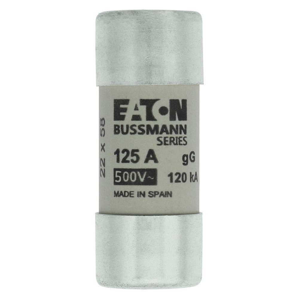 Eine zylindrische Eaton Bussmann-Sicherung, gekennzeichnet mit '125A 500V 22x58 gG 120kA Made in Spain.