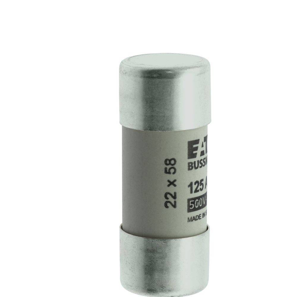 Eine graue zylindrische Sicherung mit metallischen Enden, beschriftet mit 'Eaton 125A 22x58 500V'. Geeignet für elektrische Anwendungen.