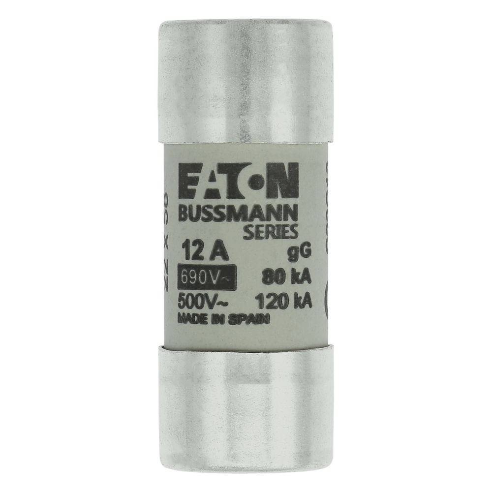 Sicherung mit Bezeichnung 'Eaton Bussmann Series' mit Spezifikationen: 12A, 690V, 80kA, 500V~, 120kA; hergestellt in Spanien.