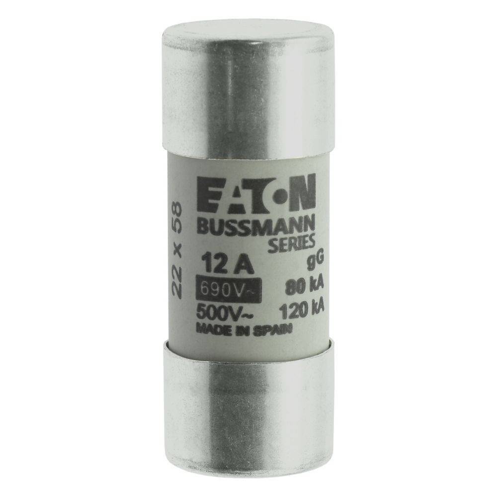 Eine Zylindersicherung mit der Beschriftung 'Eaton Bussmann Series 12A 690V, 80kA, 500V~, 120kA, Made in Spain' mit Metallkappen an beiden Enden.