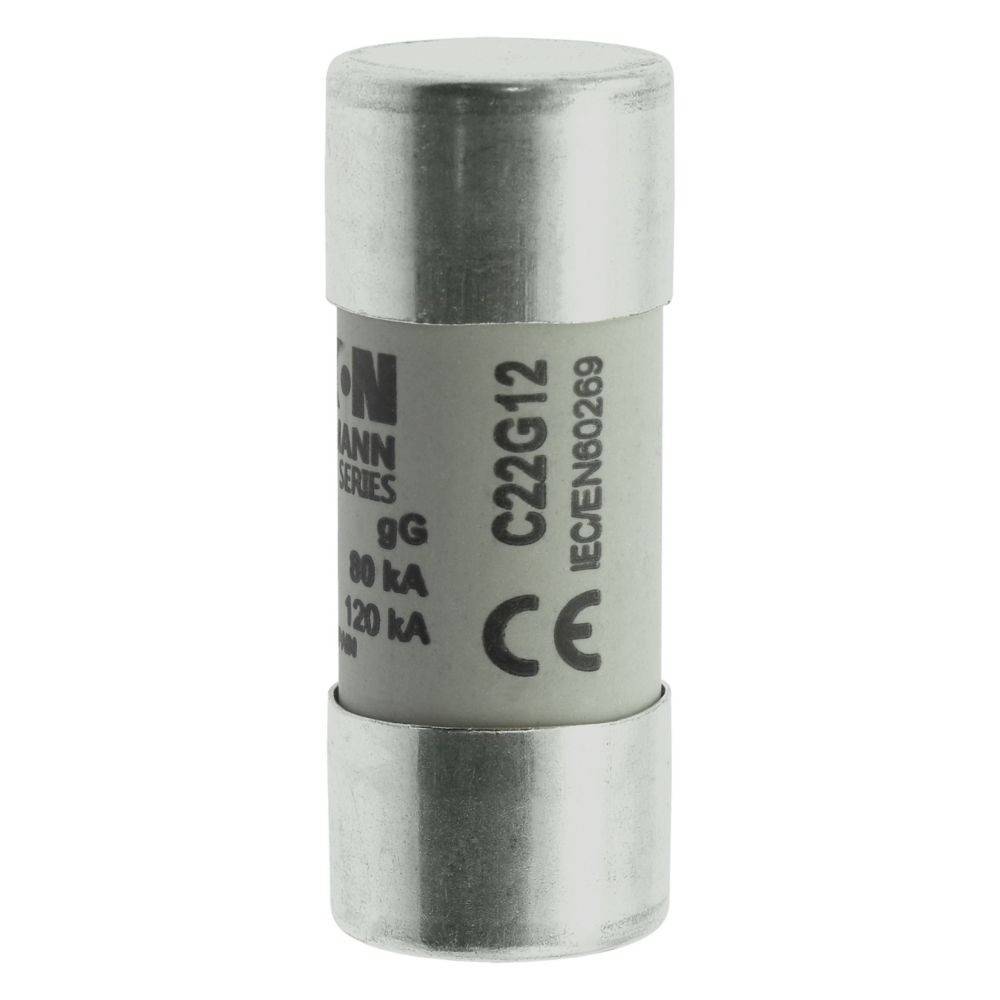 Eine Zylindrische Sicherung mit Metallkappen an beiden Enden, gekennzeichnet mit 'C22G12', bewertet mit '80 kA', '500 V', verwendet für den elektrischen Leitungsschutz.