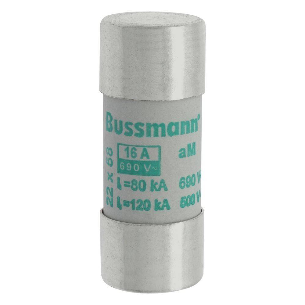 Ein grauer Bussmann-Sicherung mit Metallenden, gekennzeichnet als 16A, 690V, 22x58, aM, ausgelegt für I=80 kA, 690 V und I=120 kA, 600 V.