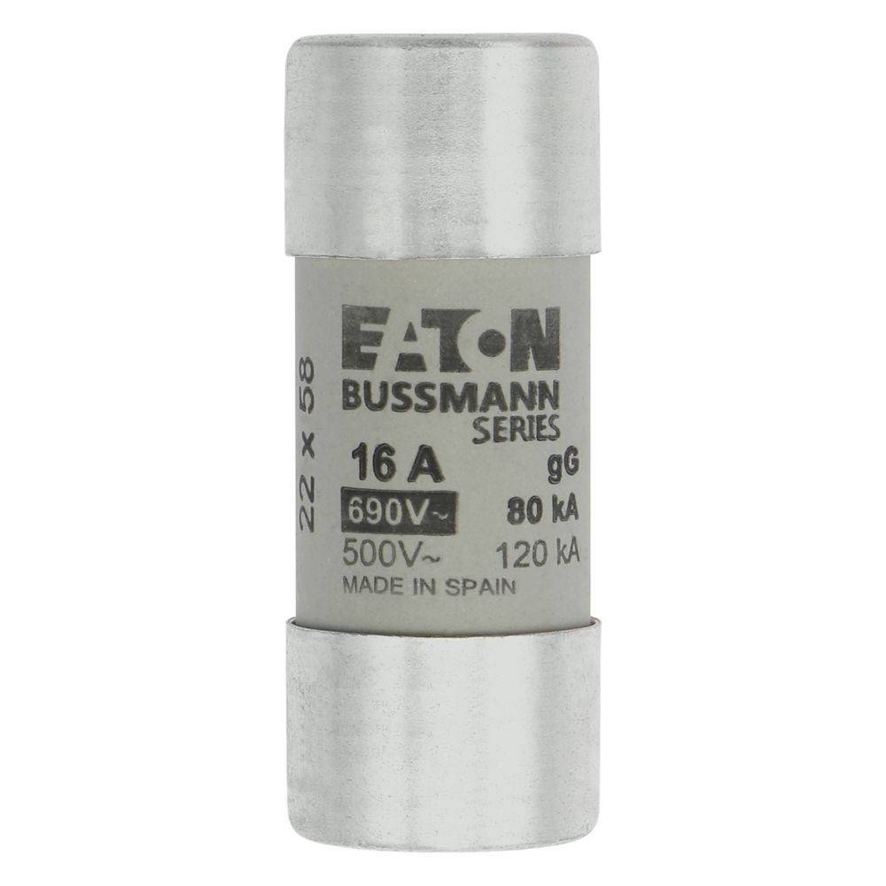 Eine zylindrische elektrische Sicherung mit der Bezeichnung 'Eaton Bussmann Serie' mit folgenden Spezifikationen: 16A, 690V, 80kA, 500V~, 120kA, hergestellt in Spanien.