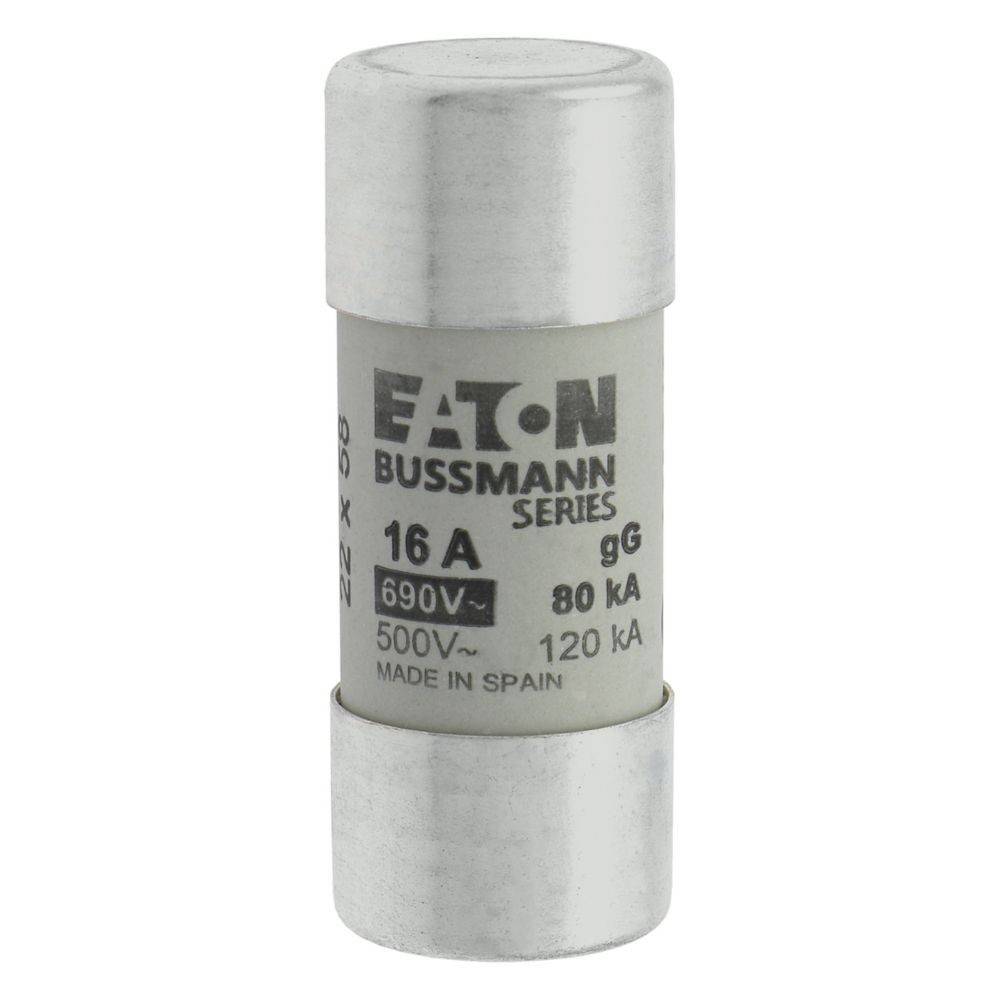 Eine zylindrische elektrische Sicherung mit der Bezeichnung 'Eaton Bussmann Series' mit Nennwerten von 16 A, 690 V und 120 kA. Hergestellt in Spanien.
