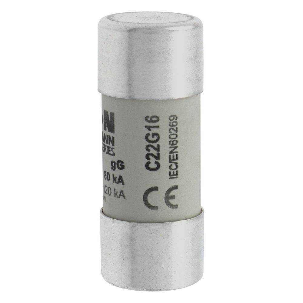Ein zylindrischer Sicherungseinsatz mit Metallenden ist mit '80 kA' und '120 kA' gekennzeichnet. Der Text enthält 'C22G16' und 'IECEN60269'.