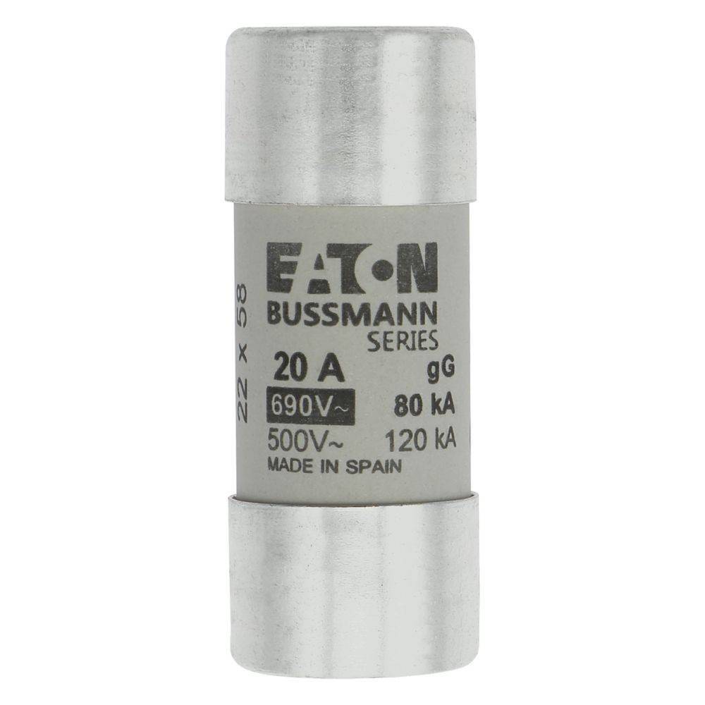 Eine zylindrische Sicherung mit der Bezeichnung 'Eaton Bussmann Series' mit einer Nennstärke von 20A, 690V für AC und einer Schaltvermögen von 80kA. Hergestellt in Spanien.