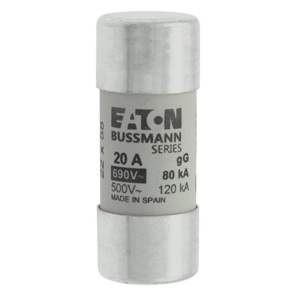 Eine kompakte zylindrische Sicherung von Eaton Bussmann Series, mit einer Nennstärke von 20A, 690V~, 500V~, 80kA, 120kA, hergestellt in Spanien, mit metallischen Endkappen.