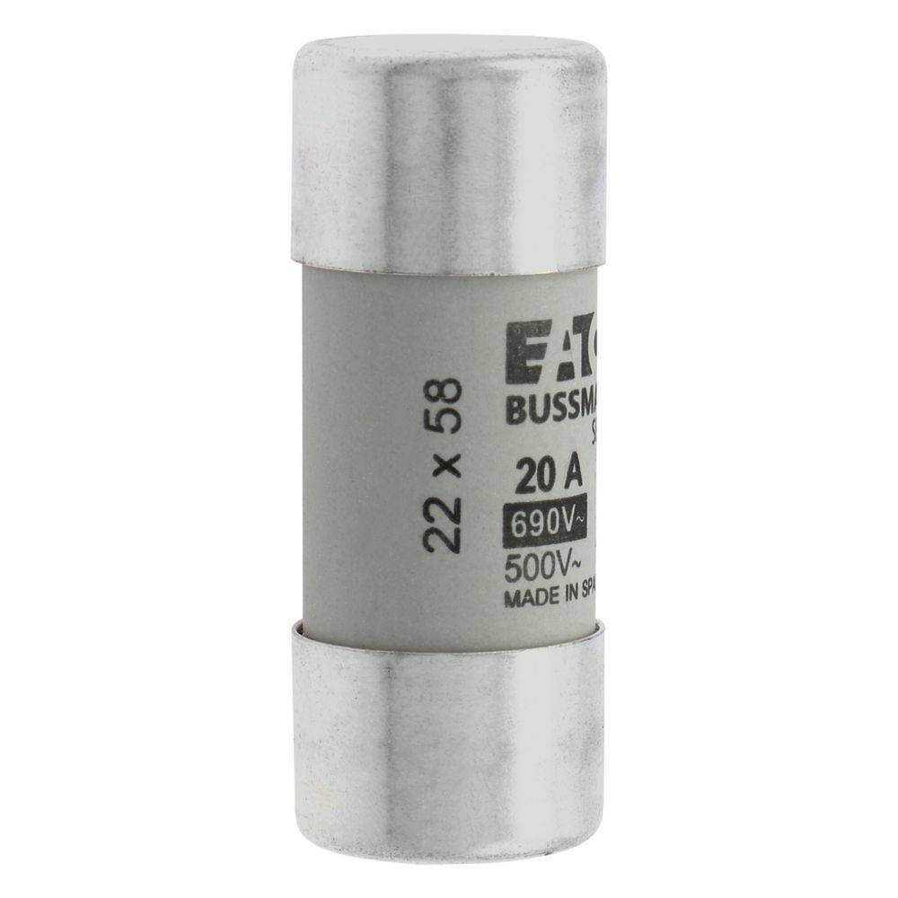 Eine Zylindersicherung mit der Beschriftung 'Eaton Bussmann Series', '20 A', '690V~', '500V-', '22 x 58', hergestellt in Spanien.