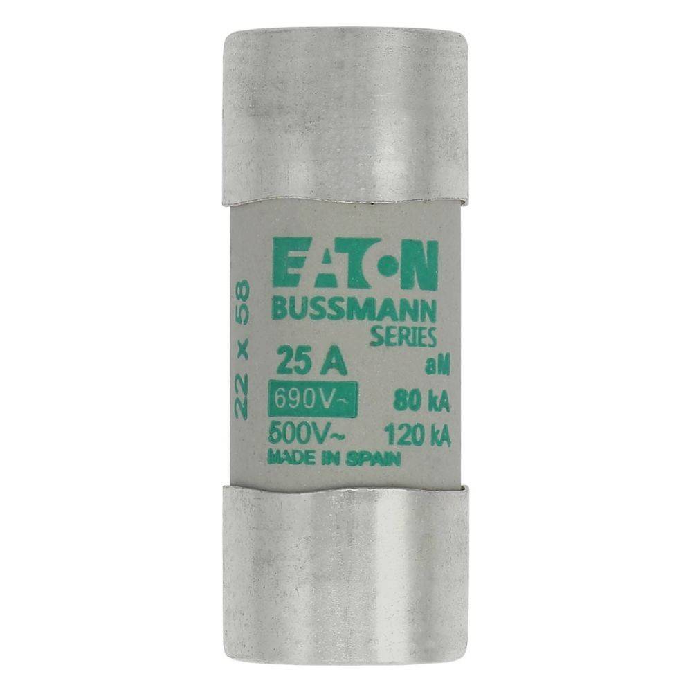 Eine zylindrische elektrische Sicherung mit dem Etikett 'Eaton Bussmann Series'. Sie ist ausgelegt für 25A, 690V, mit einer Abschaltkraft von 80 kA. Hergestellt in Spanien.