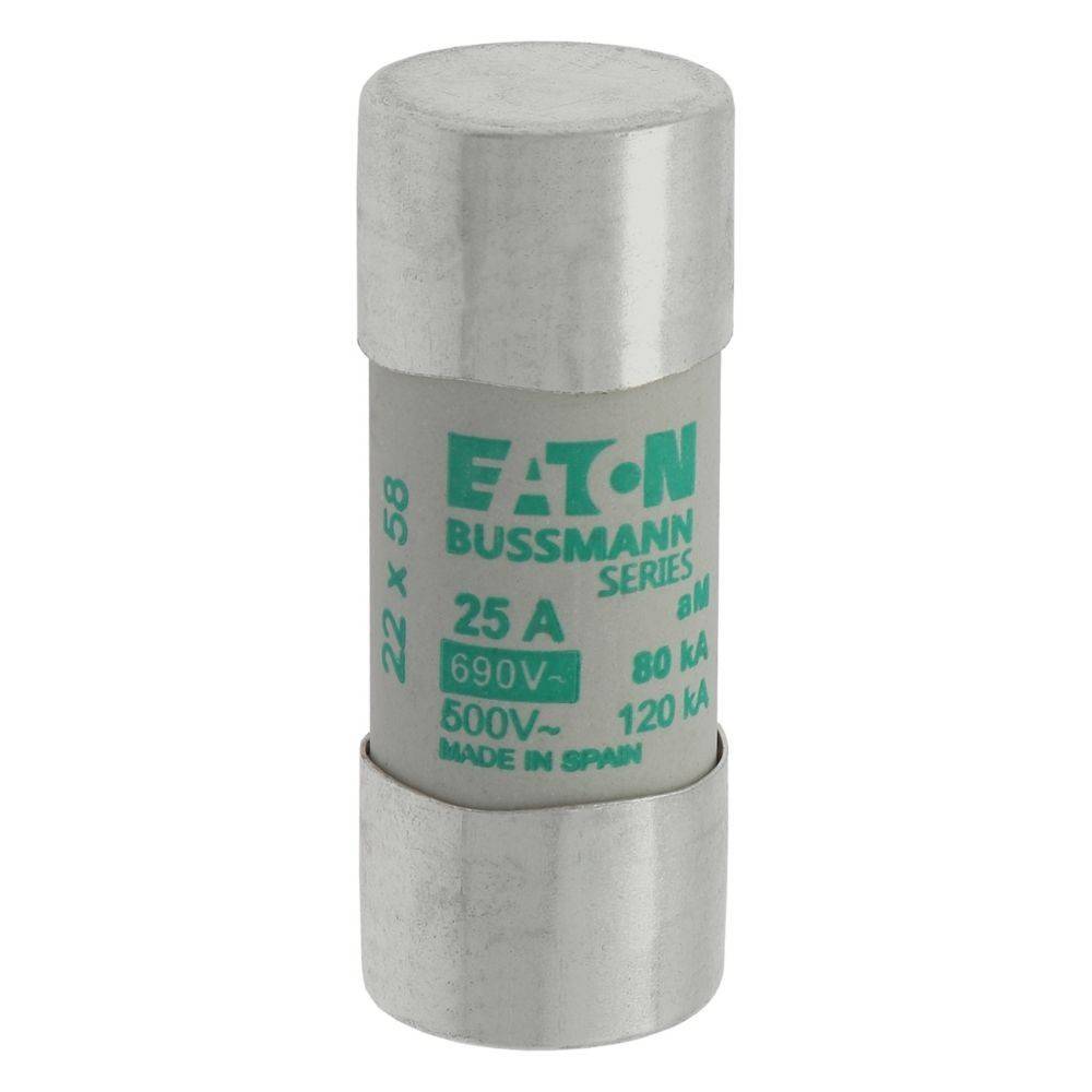 Eine zylindrische, silberfarbene Eaton Bussmann Sicherung, beschriftet mit '25 A, 690V'.