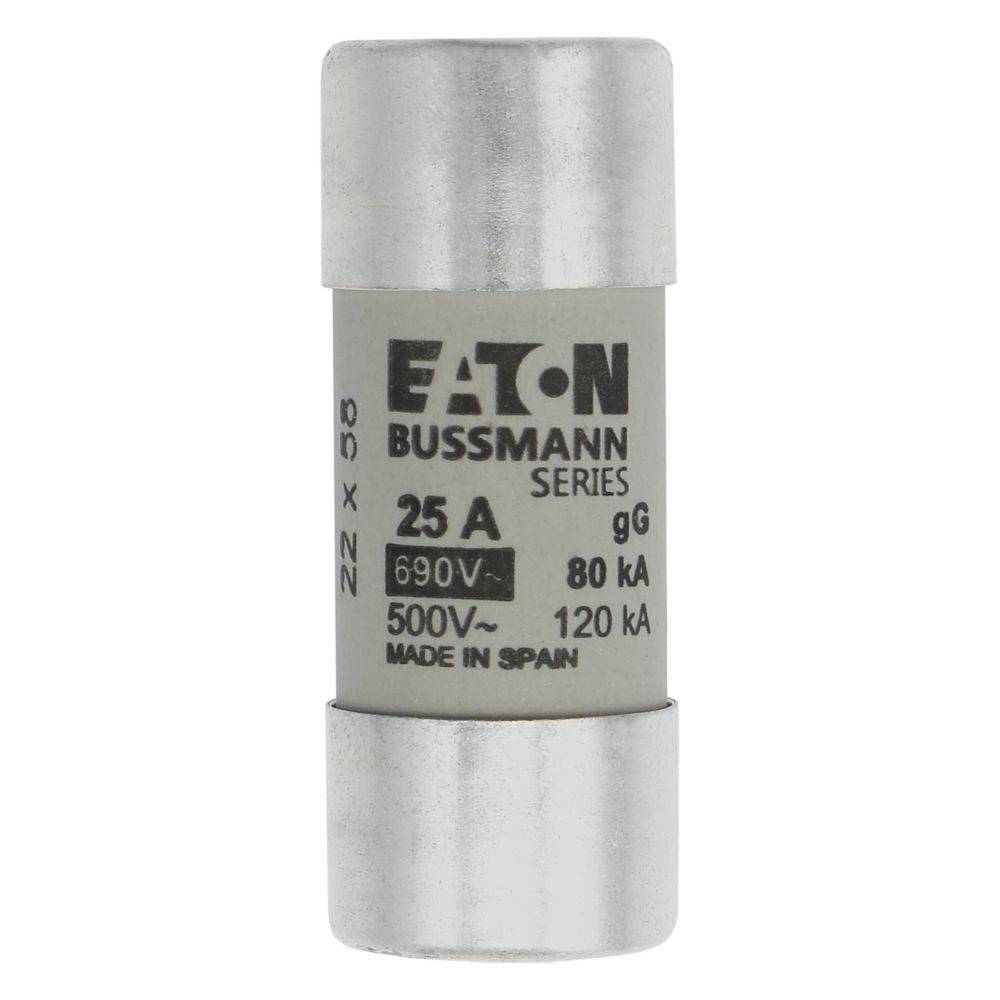 Zylindrische Eaton Bussmann Sicherung, 25 A, 690V, 80kA. Gekennzeichnet als gG, 500V-120kA, hergestellt in Spanien.