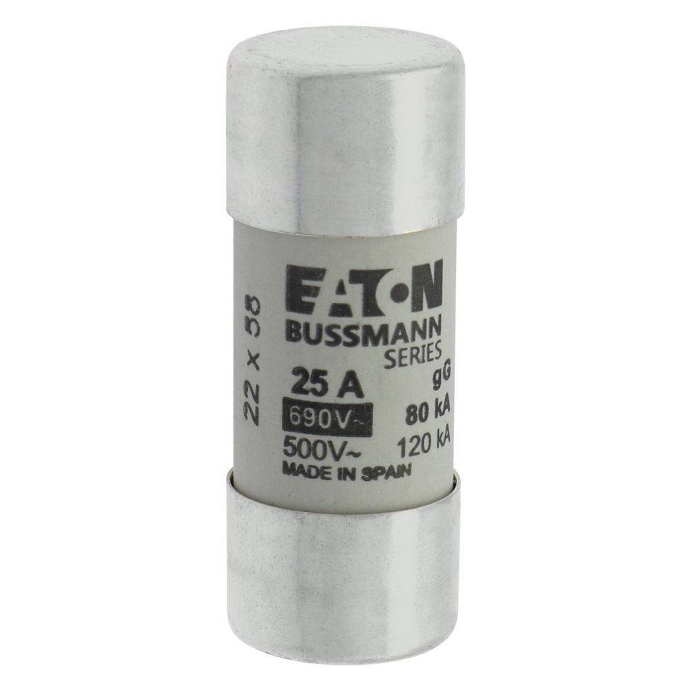 Eine zylindrische Sicherung mit Metallenden, beschriftet mit ‚Eaton Bussmann Series'. Spezifikationen: 25A, 690V, 22 x 58, 80kA, 500V, hergestellt in Spanien.
