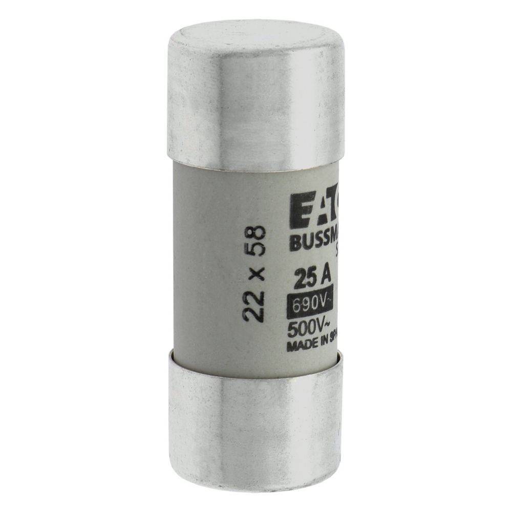 Ein zylindrischer elektrischer Sicherungseinsatz mit der Bezeichnung 'Eaton Bussmann Series' mit folgenden Spezifikationen: 22 x 58, 25A, 690V, 500V, hergestellt im Vereinigten Königreich.