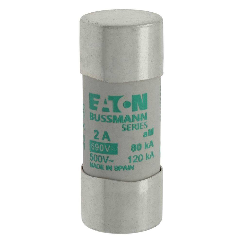 Eine zylindrische Eaton Bussmann Series Sicherung mit der Bezeichnung '2A 690V 80kA' und '500V 120kA' mit dem Text 'Made in Spain', entwickelt für elektrischen Schutz.