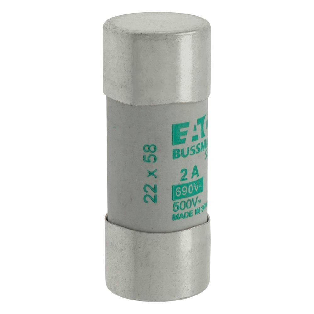 Eine zylindrische elektrische Sicherung mit der Markierung 'Eaton Bussmann', '2A', '690V' und '500V~', die zum Schutz von elektrischen Stromkreisen ausgelegt ist, mit grauem Gehäuse.
