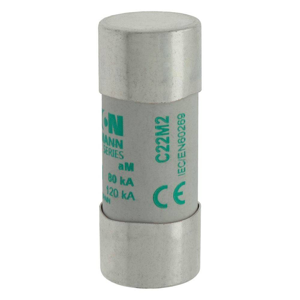 Zylindrische Sicherung mit der Bezeichnung 'Eaton Bussmann Serie aM 80 kA, 120 kA, C22M2, IEC EN 60269' mit Metallenden zur Stromkreisabsicherung.