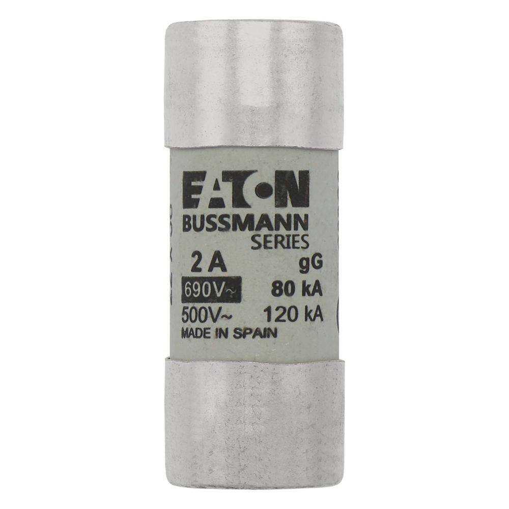 Eine zylindrische Bussmann-Sicherung der Marke 'Eaton' mit 2A, 690V~ und 500V~ Kennzeichnungen, die Strom- und Spannungsspezifikationen anzeigt.