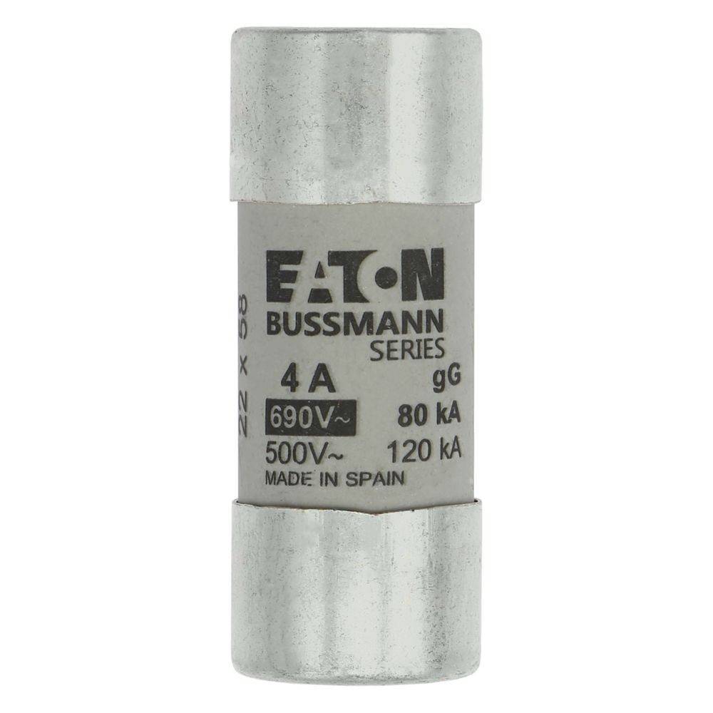 Zylindrische graue elektrische Sicherung mit der Bezeichnung 'Eaton Bussmann Series', bemessen mit 4A, 690V, 500V, hergestellt in Spanien.