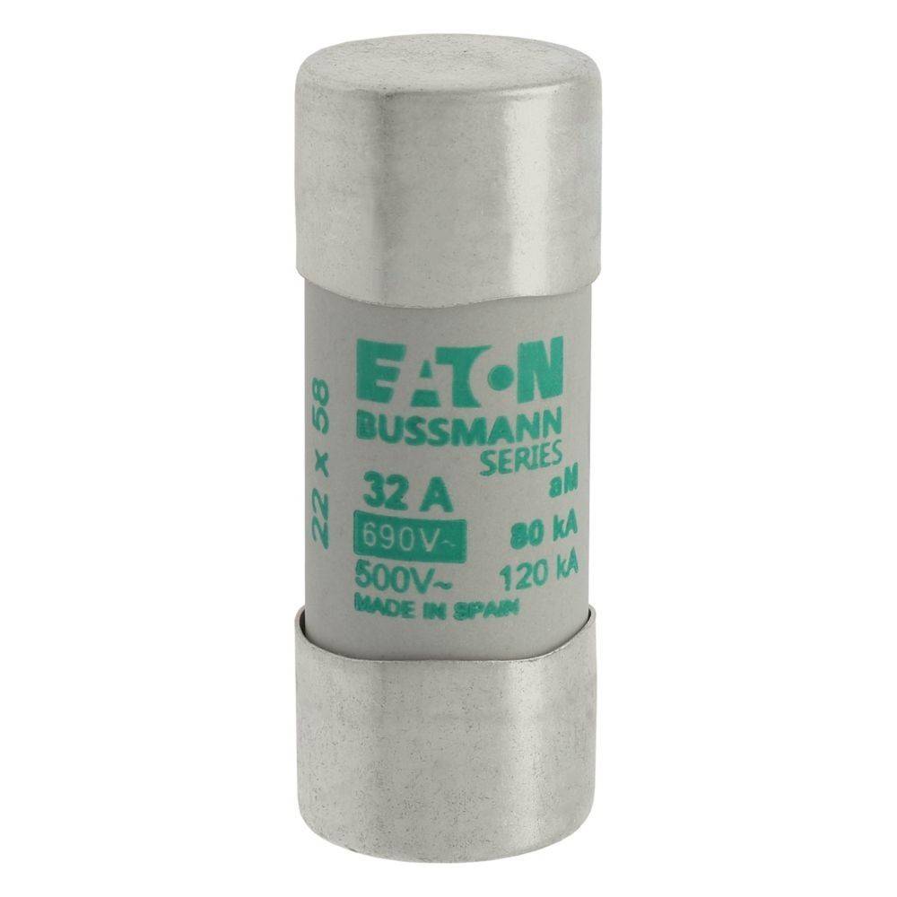 Eine zylindrische Sicherung mit der Bezeichnung 'Eaton Bussmann Series' mit Spezifikationen: '32 A, 690V, 500V - 80kA, 120kA, Hergestellt in Spanien.
